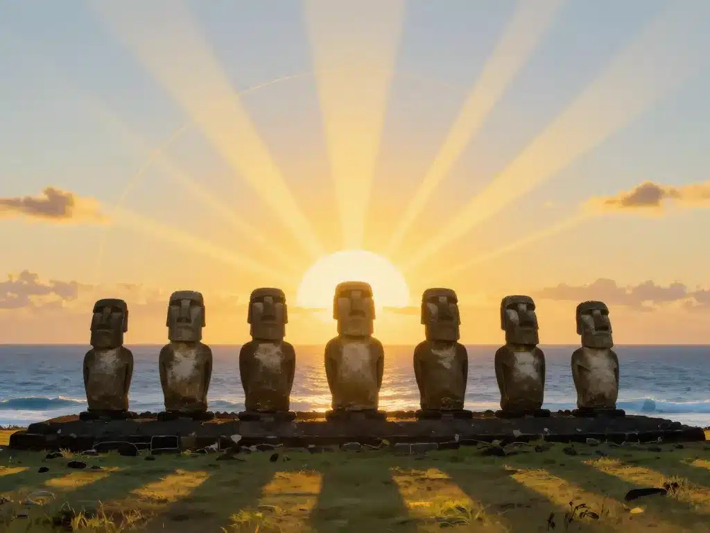 Ahu Akivi moai orientés vers océan aurore