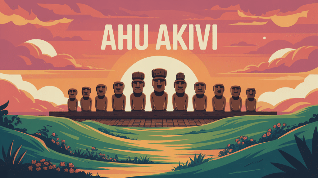 Illustration moai alignés Ahu Akivi Chile coucher de soleil