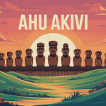 Illustration moai alignés Ahu Akivi Chile coucher de soleil