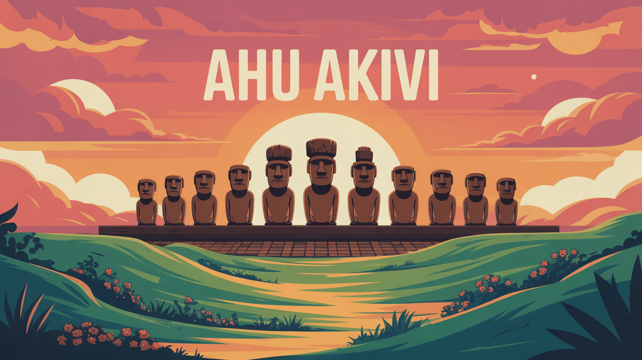 Illustration moai alignés Ahu Akivi Chile coucher de soleil