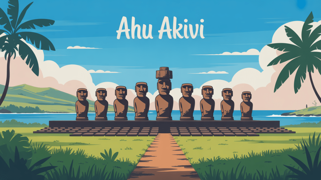 Ahu Akivi sept moai alignés sur île de Pâques