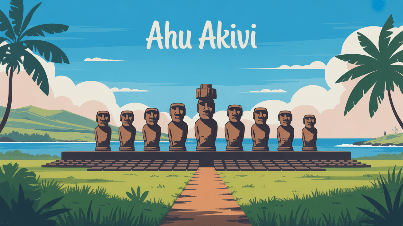 Ahu Akivi sept moai alignés sur île de Pâques