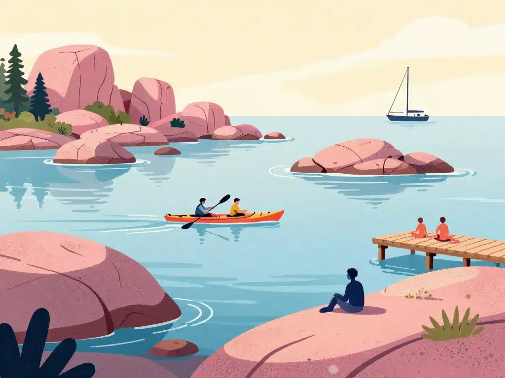 Illustration côtière Bohuslän avec kayak et îles