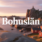 Vue panoramique Bohuslän avec granit rose et cabanes colorées
