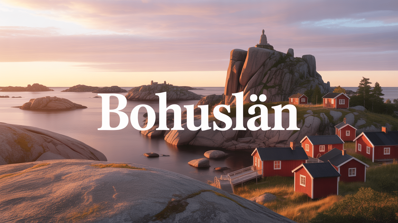 Vue panoramique Bohuslän avec granit rose et cabanes colorées