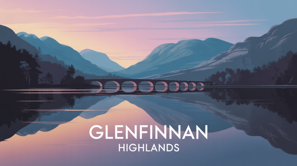 Illustration stylisée Glenfinnan Highlands viaduc loch