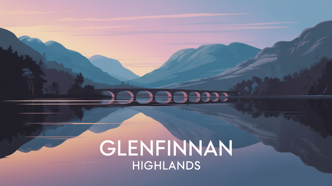 Illustration stylisée Glenfinnan Highlands viaduc loch