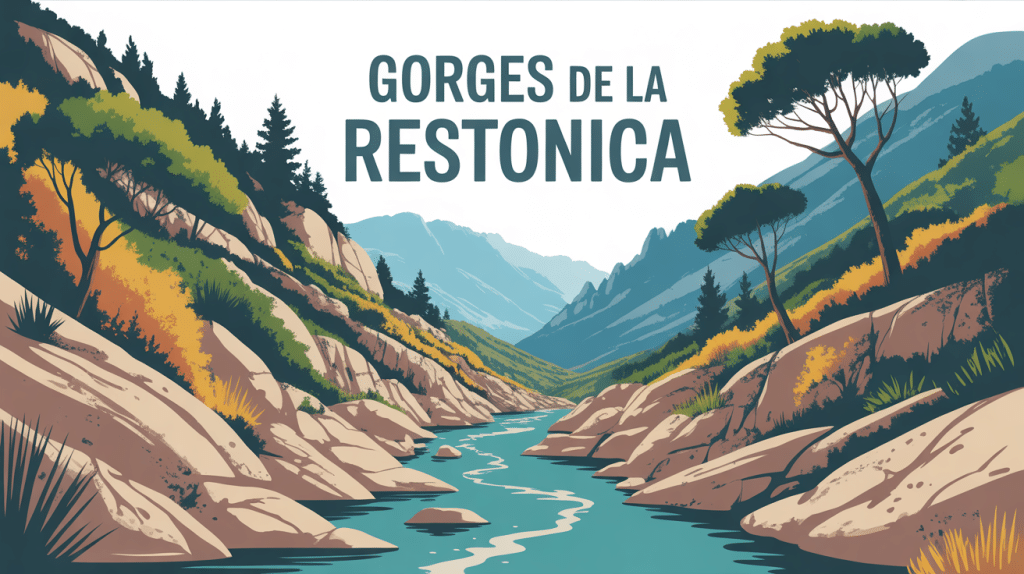 illustration des gorges de la restonica - tragone di a restonica paysage montagne rivière turquoise
