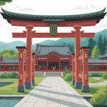 Illustration Heian jingu kyoto japan torii rouge jardin montagne