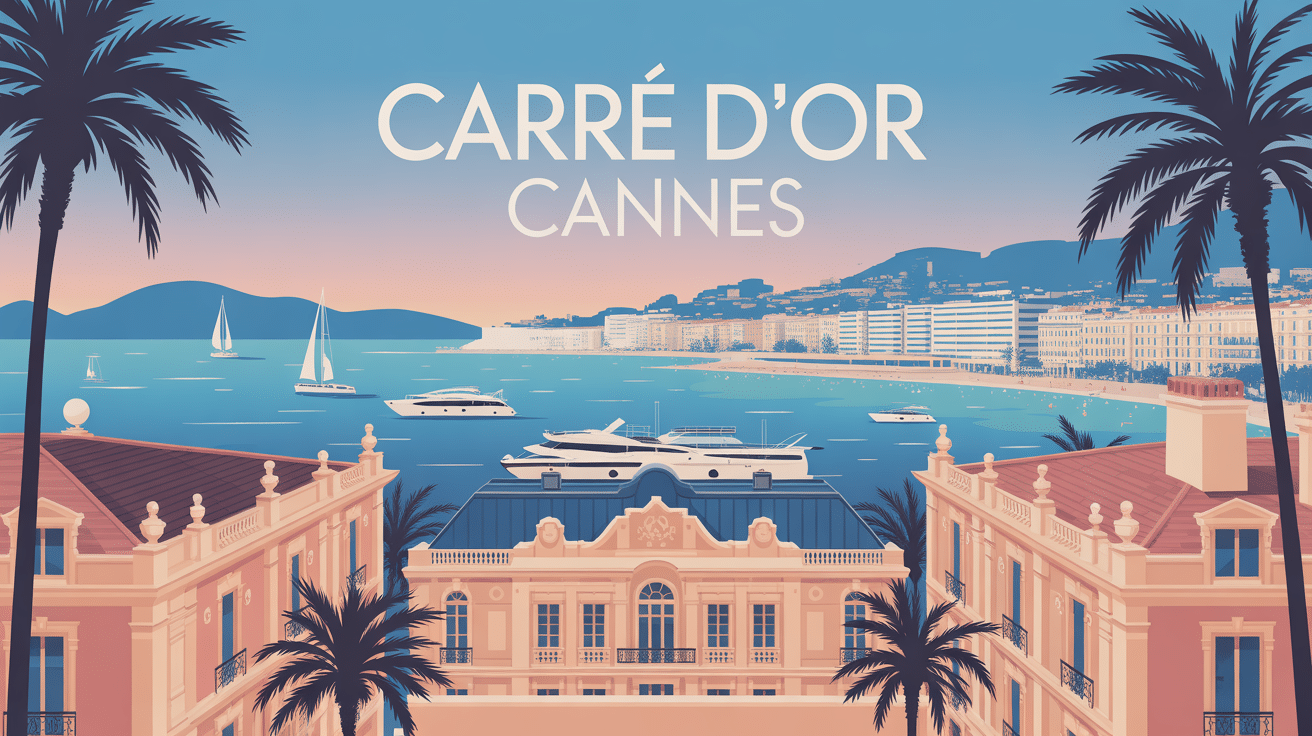 illustration stylisée du carré d'or cannes avec palaces et méditerranée