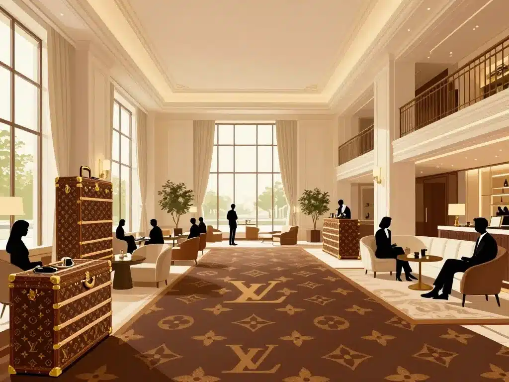 Intérieur stylisé hôtel Louis Vuitton, lobby élégant, motifs LV, ambiance dorée