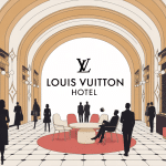 Hôtel de luxe imaginaire Louis Vuitton à Paris, hall chic, ambiance élégante