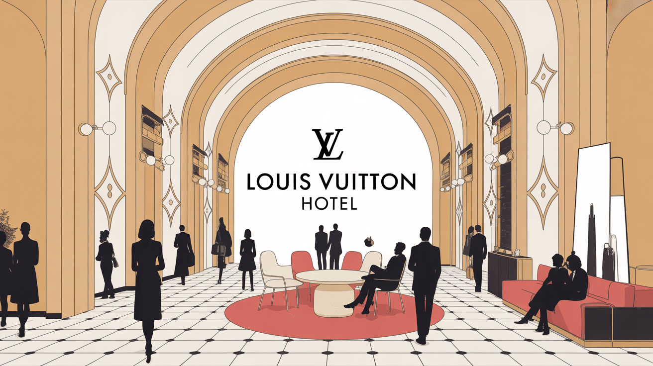 Hôtel de luxe imaginaire Louis Vuitton à Paris, hall chic, ambiance élégante
