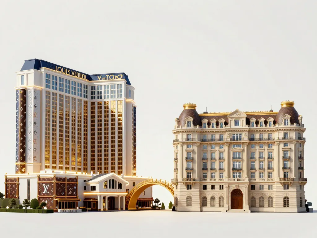 Comparaison visuelle Louis Vuitton hotel et palace, bâtiments concurrents, pont doré