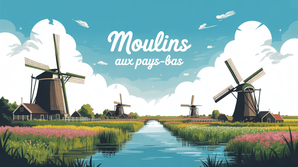 illustration moulin pays bas dans paysage de polders