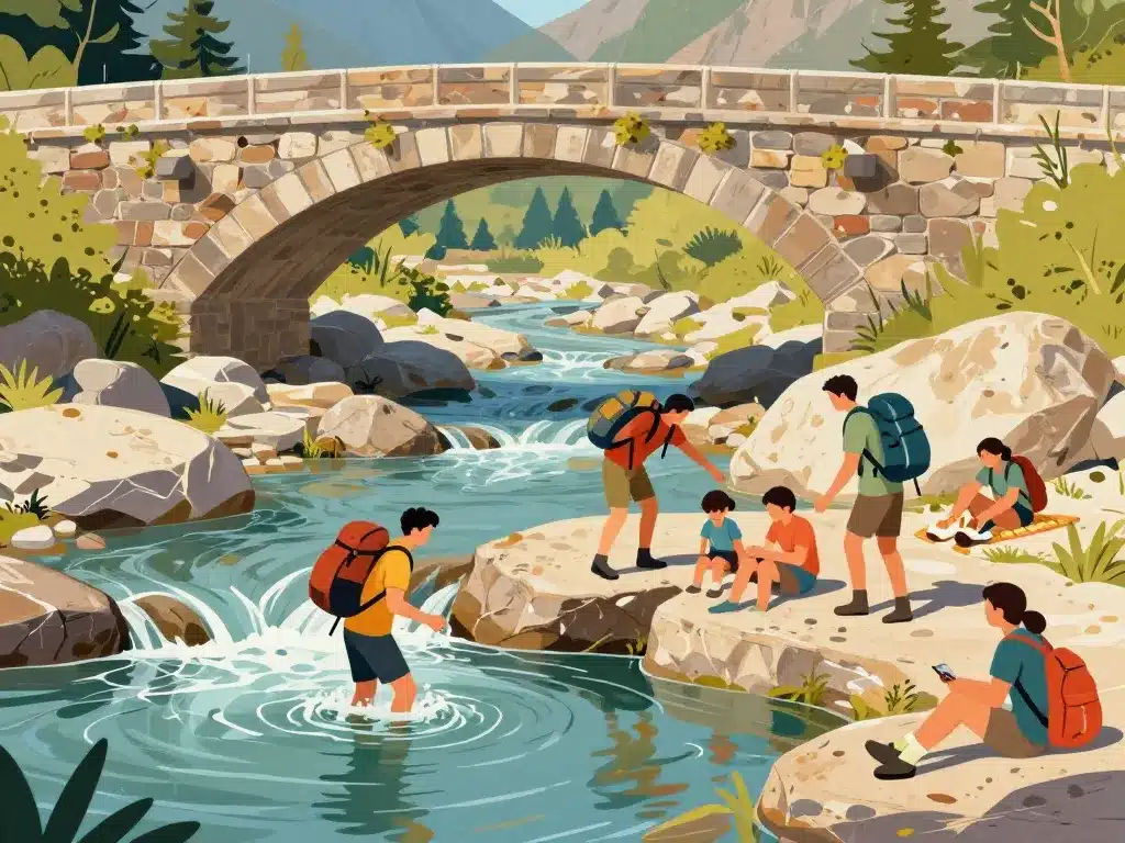 Randonneurs et famille au pont de Zaglia, bord de rivière