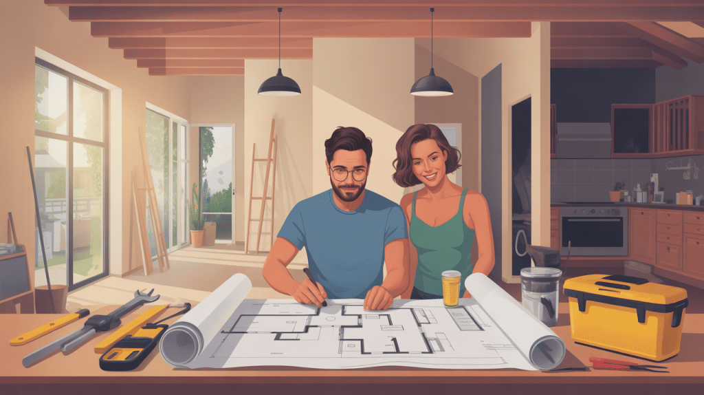 Prêt immobilier avec travaux fait soi-même, couple examinant les plans et outils