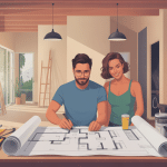Prêt immobilier avec travaux fait soi-même, couple examinant les plans et outils