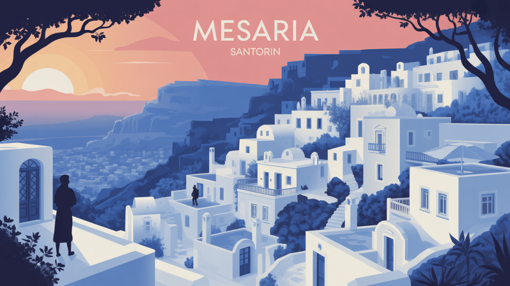 Santorini Mesaria village maisons troglodytes et demeures néoclassiques illustration