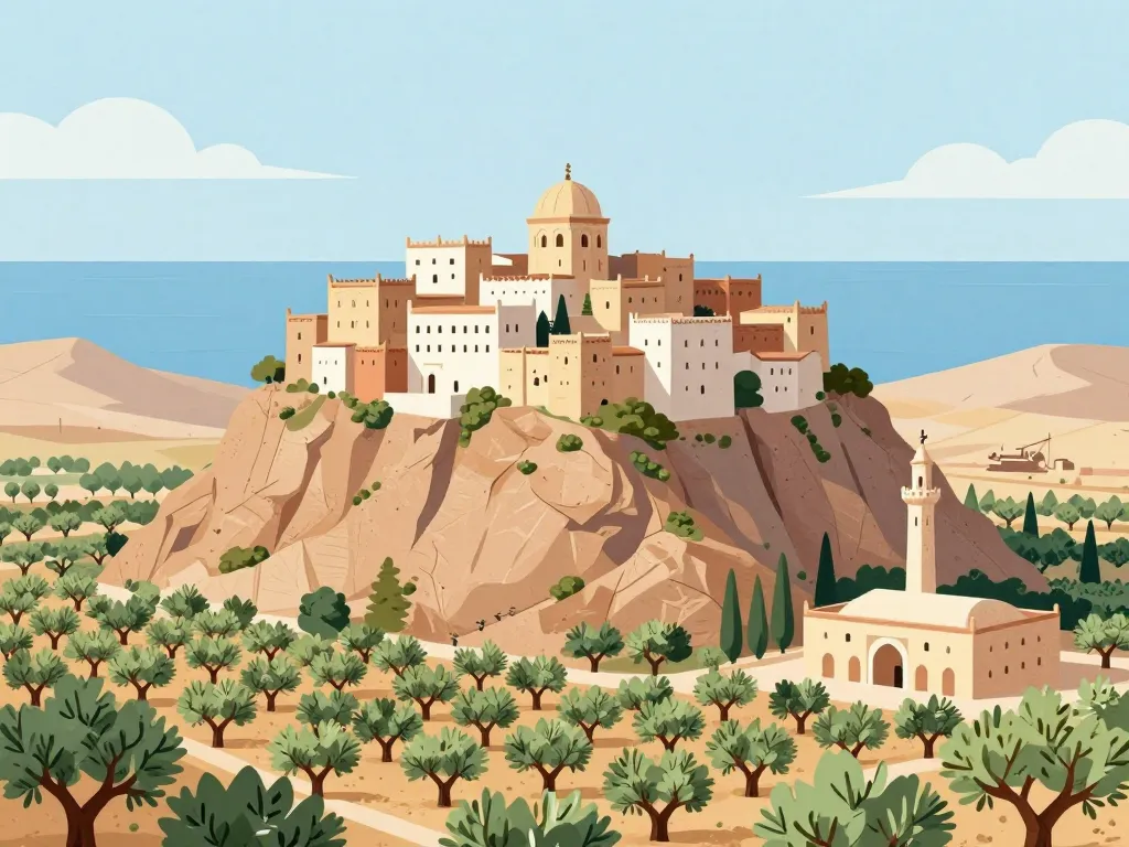 illustration takrouna village berbère sur rocher vue oliviers et mer