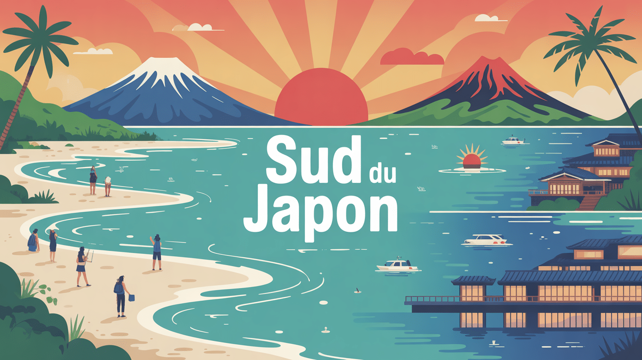 Illustration voyage sud japon plages volcans