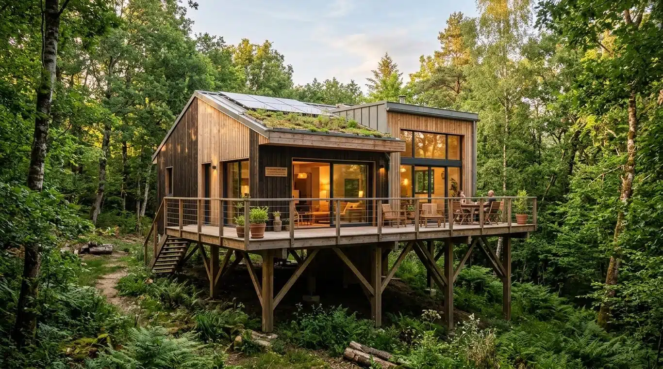 Maison moderne sur pilotis dans un environnement naturel