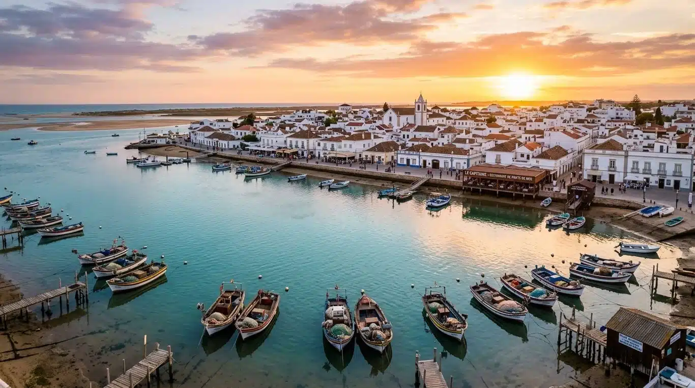 Vue panoramique de la lagune de la Ria Formosa à Cabanas de Tavira au coucher du soleil