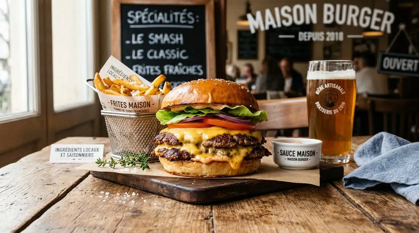 Un burger gourmet appétissant sur une table en bois, style smash burger.