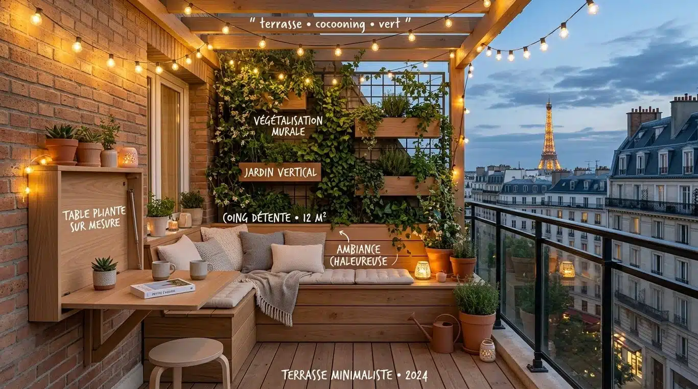 Aménagement optimisé d'une terrasse de 12m2 avec mobilier modulable et décoration verticale