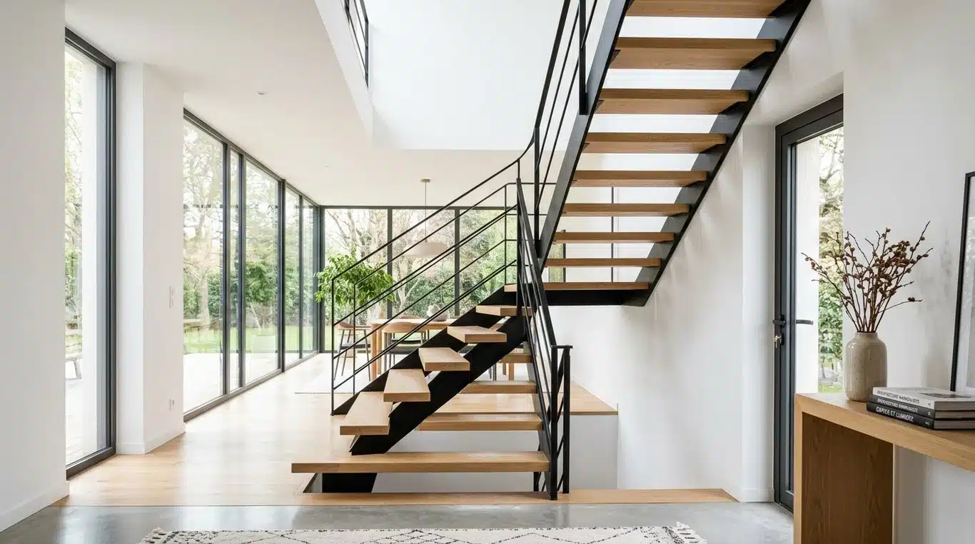 Escalier moderne sans contremarche en bois et métal dans un intérieur lumineux