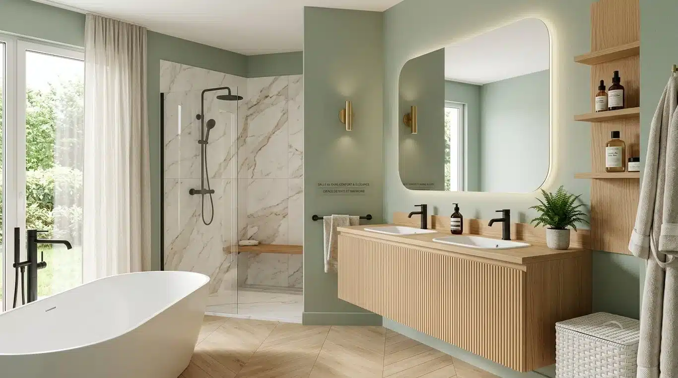 Salle de bain moderne aux tons vert sauge et bois clair, style tendance 2025