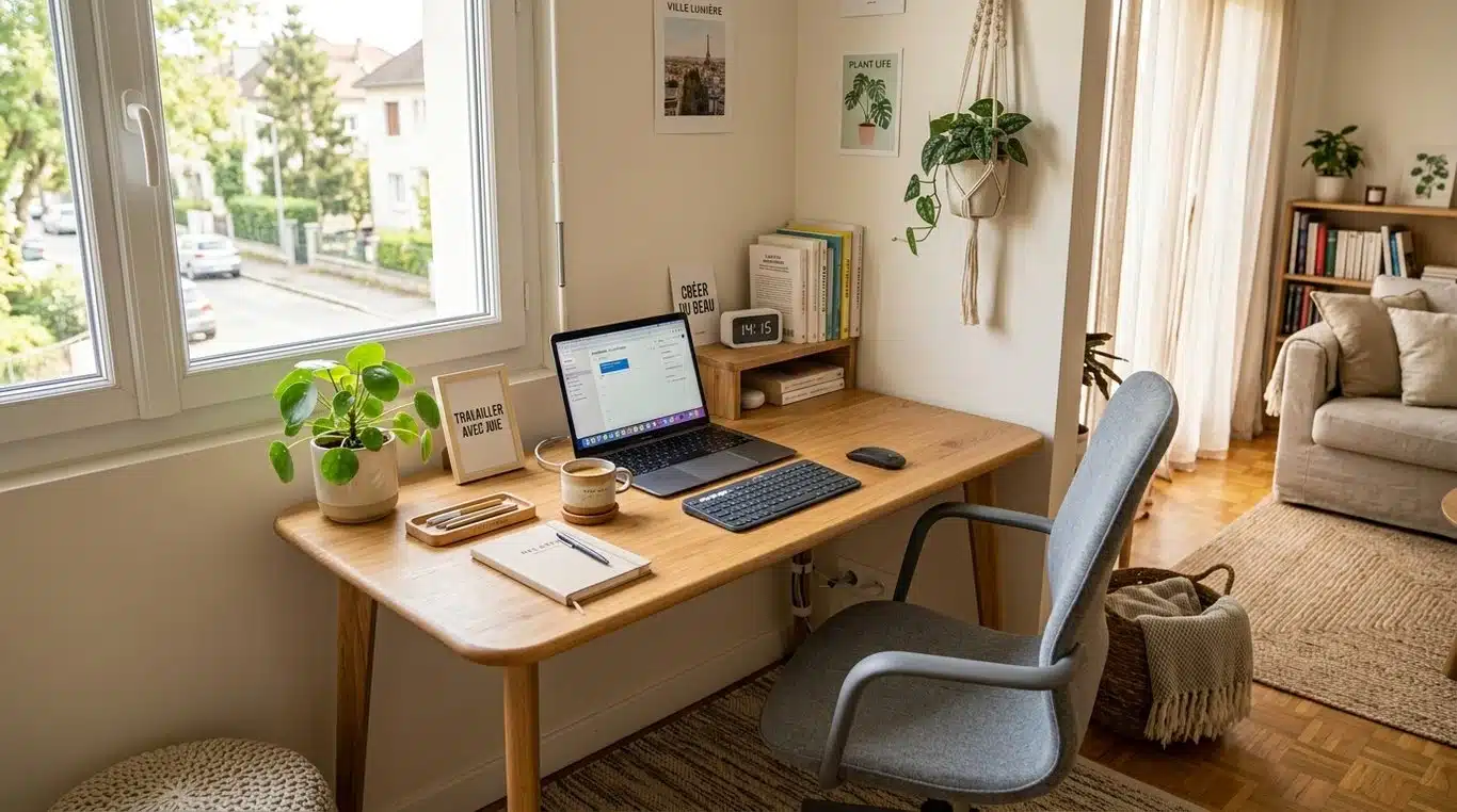 Aménagement moderne et ergonomique d'un espace de travail à domicile dans un salon