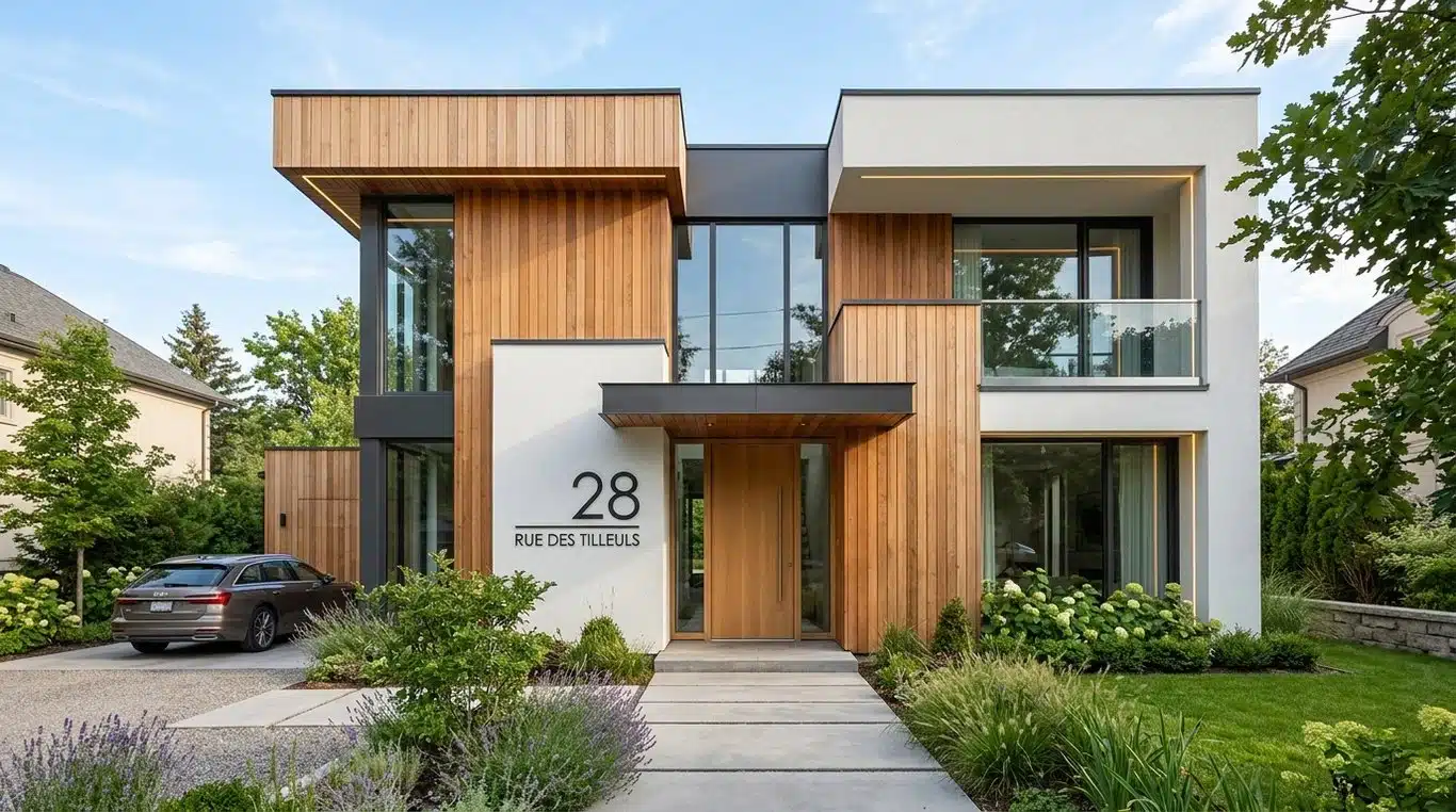 Exemple de façade de maison moderne avec mélange de bois et d'enduit