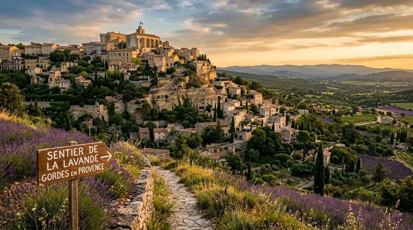 Vue panoramique d'un village perché typique de Provence au coucher du soleil