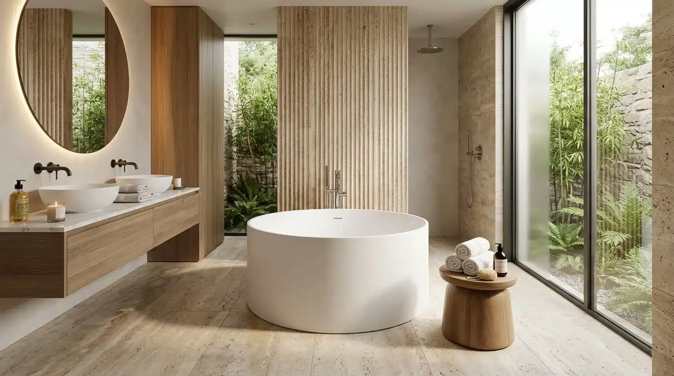 Baignoire ronde îlot dans une salle de bain moderne et luxueuse