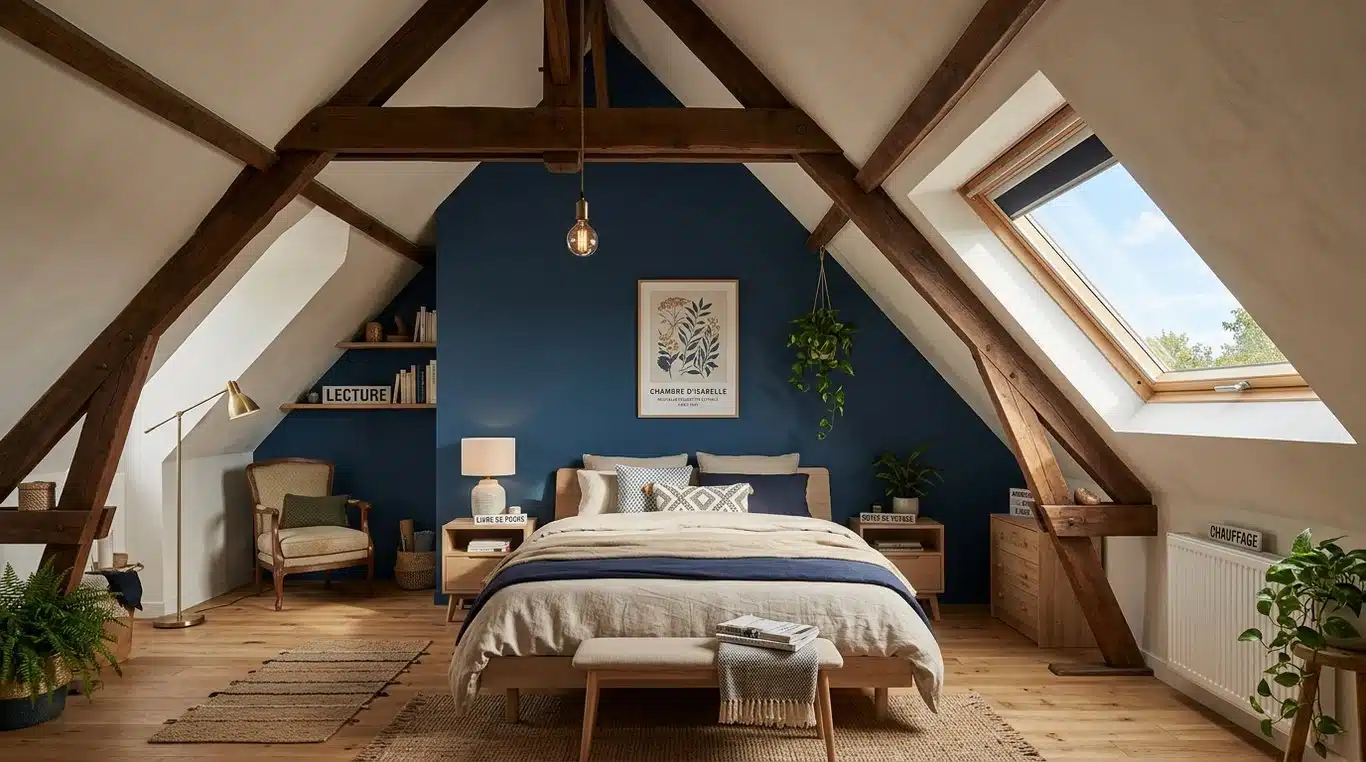 Chambre mansardée avec mur pignon peint en couleur sombre pour créer de la profondeur
