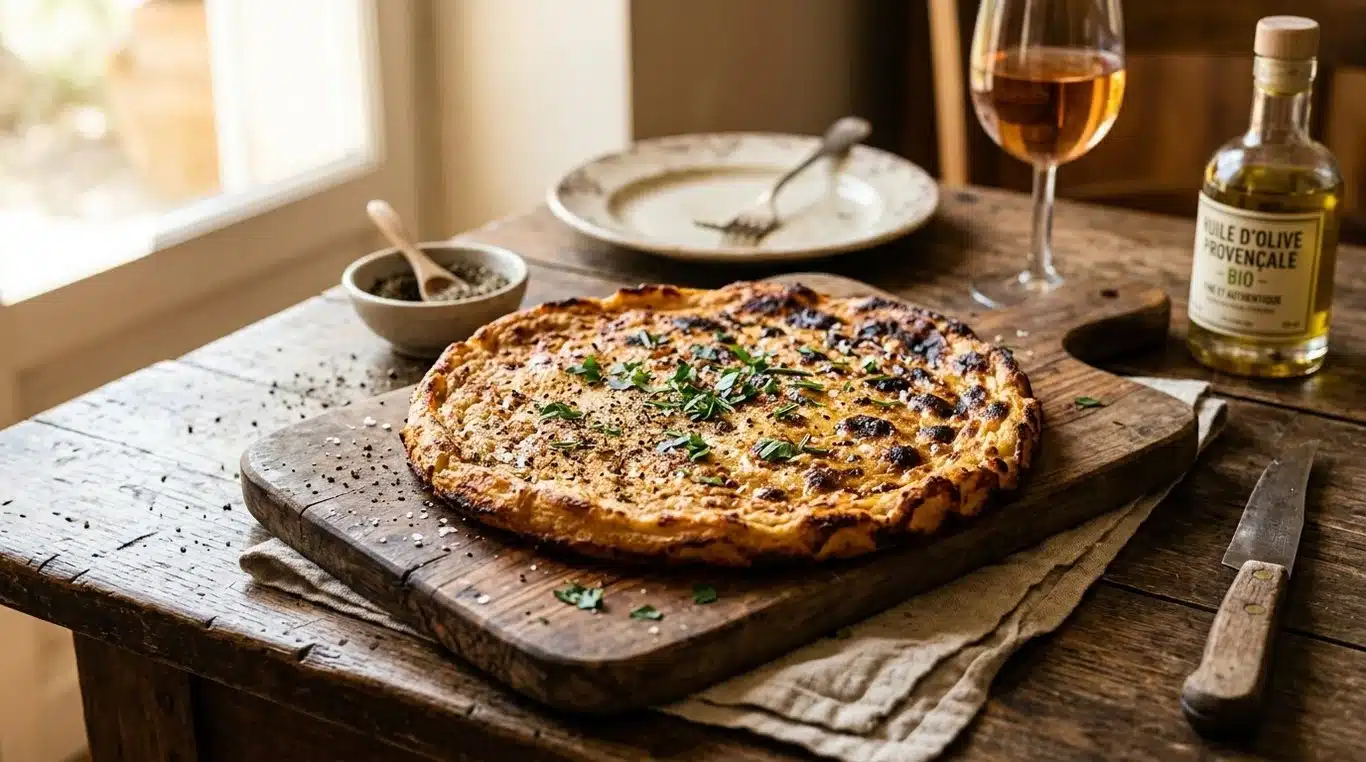 Une part de socca chaude et croustillante, spécialité emblématique de chez René Socca à Nice.