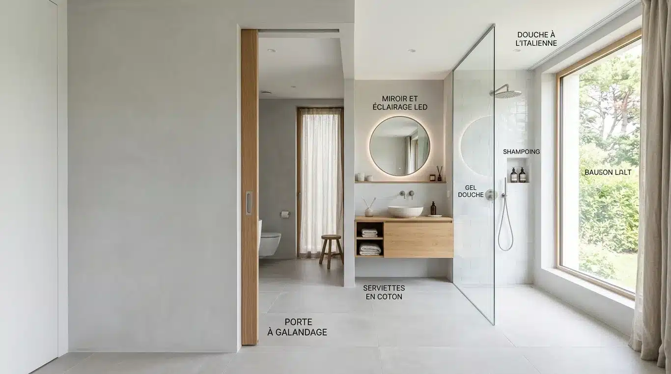 Porte à galandage moderne dans une salle de bain minimaliste