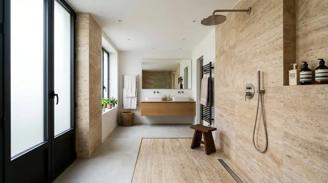 Douche sans paroi moderne et minimaliste avec carrelage en pierre naturelle