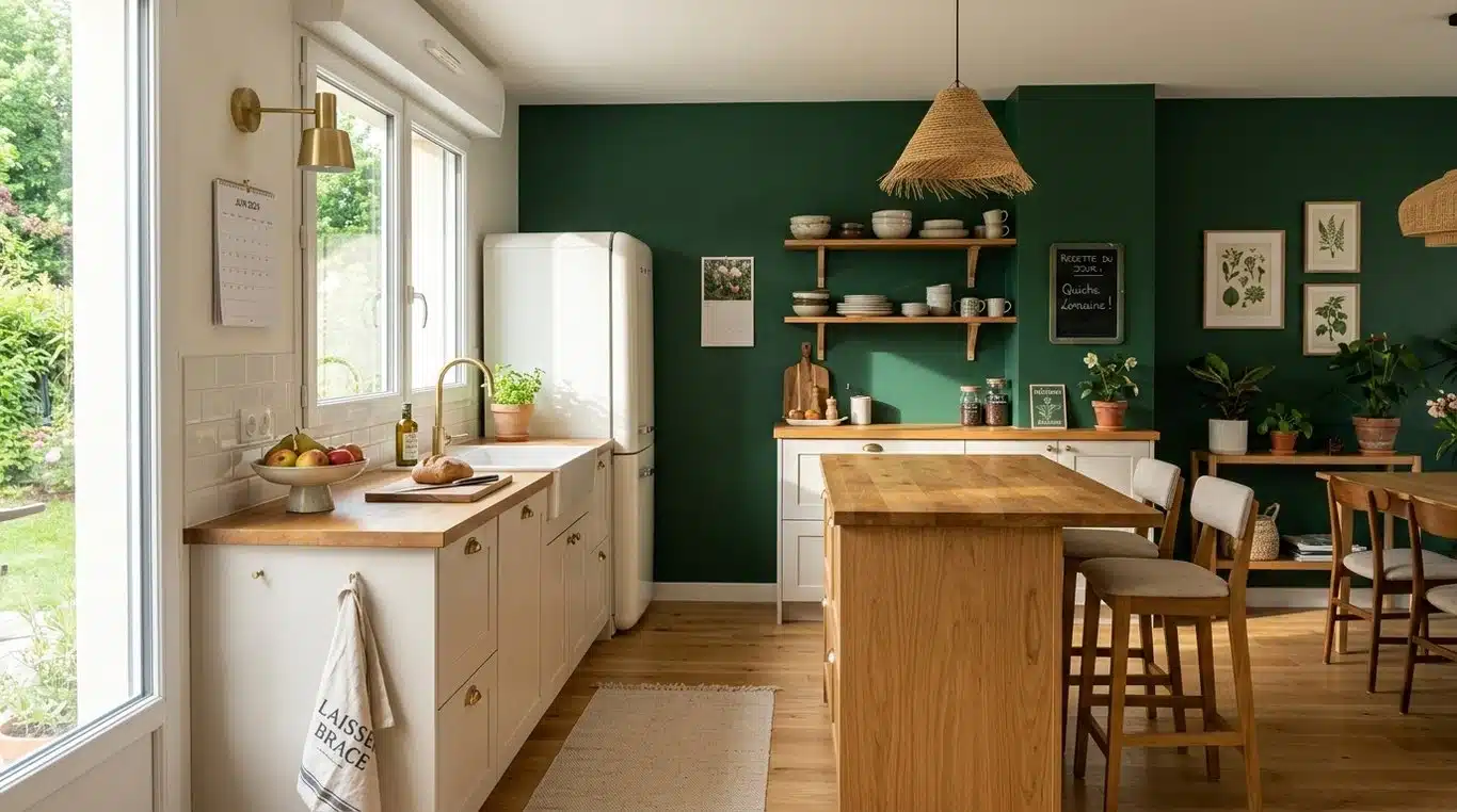 Cuisine moderne avec un mur d'accentuation peint en vert forêt pour créer un point focal élégant.