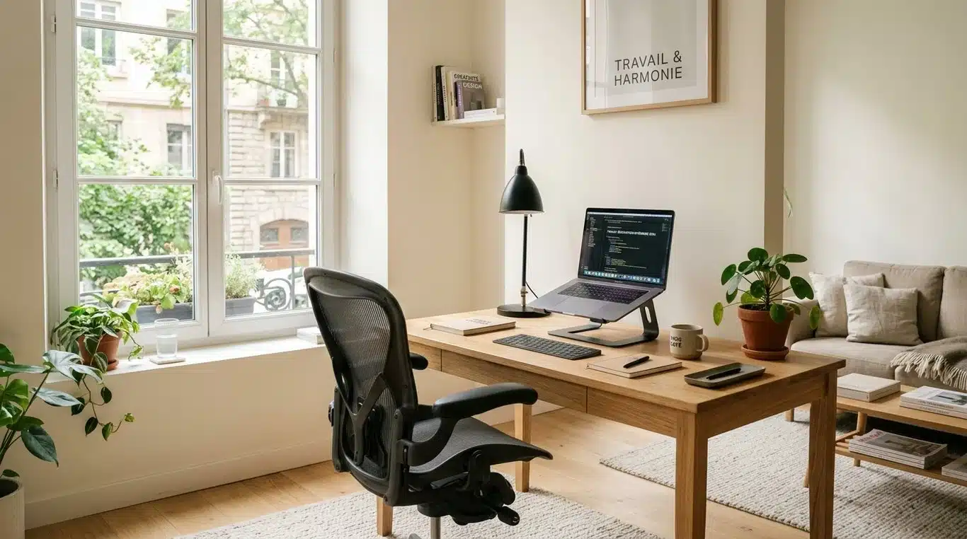 Bureau de télétravail ergonomique et moderne dans un intérieur lumineux