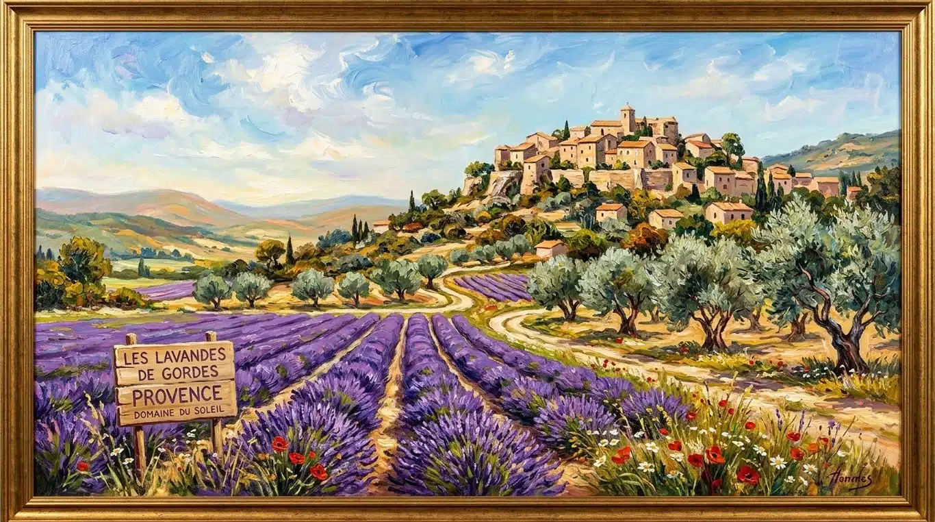 Tableau de paysage provençal impressionniste avec champs de lavande et village perché