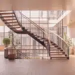 Escalier sans contremarche avec marches en bois clair et structure métal noir