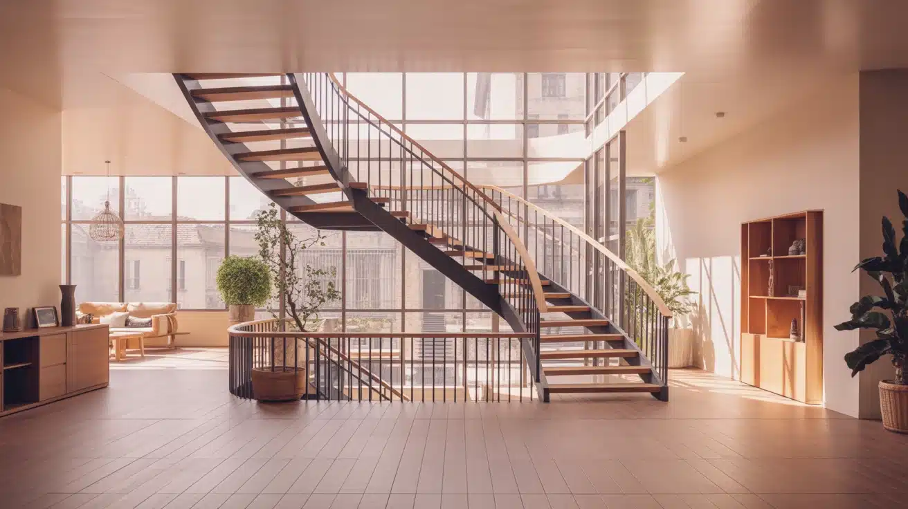 Escalier sans contremarche avec marches en bois clair et structure métal noir