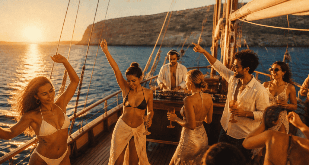 boat party malte jeunes dansent sur goélette au coucher de soleil