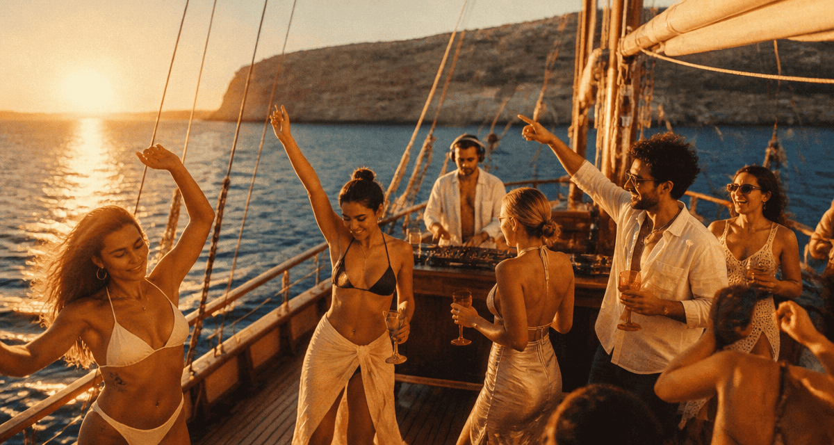boat party malte jeunes dansent sur goélette au coucher de soleil