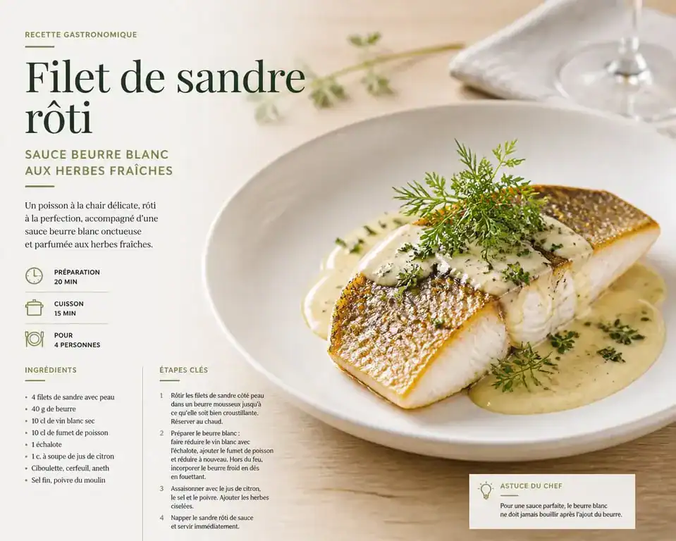 Filet de sandre au beurre blanc, recette signature du restaurant Villa Belle Rive