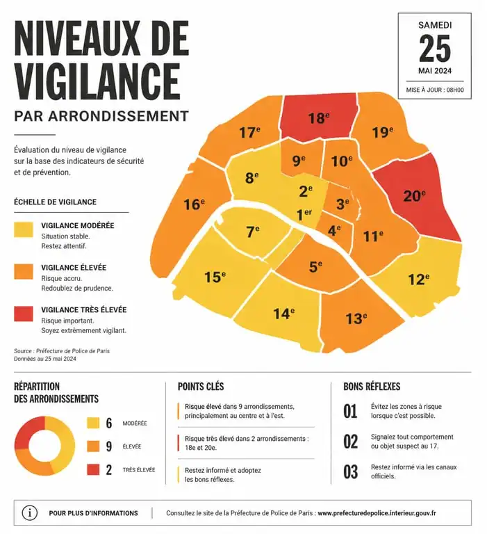 Infographie des niveaux de sécurité et zones de vigilance par quartier à Paris