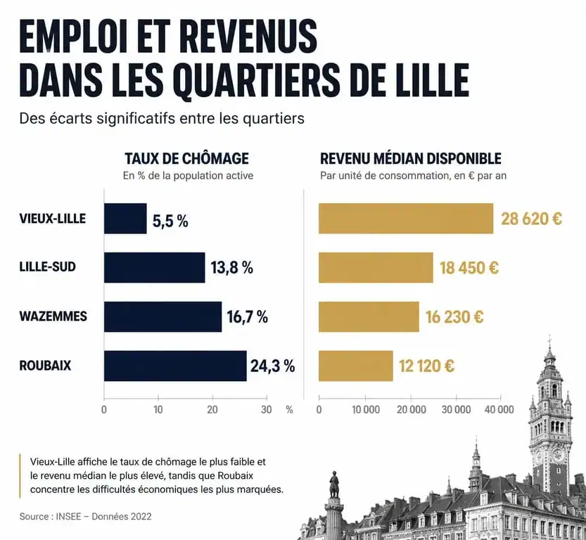 Infographie comparative des indicateurs socio-économiques des quartiers de Lille