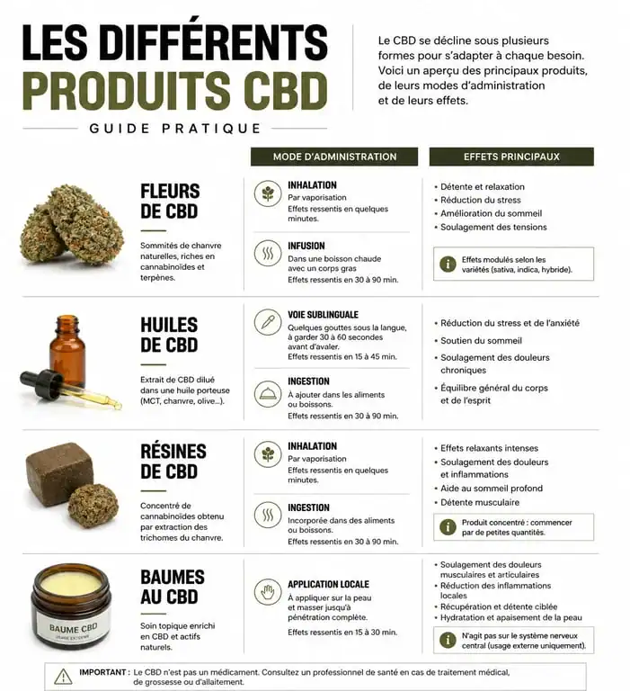Infographie comparative des produits CBD disponibles à Cagnes-sur-Mer : fleurs, huiles et résines